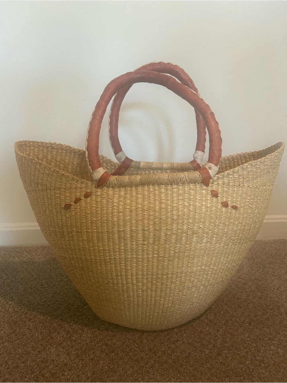 Woven Straw Tote Bag with Brown Leather Handles